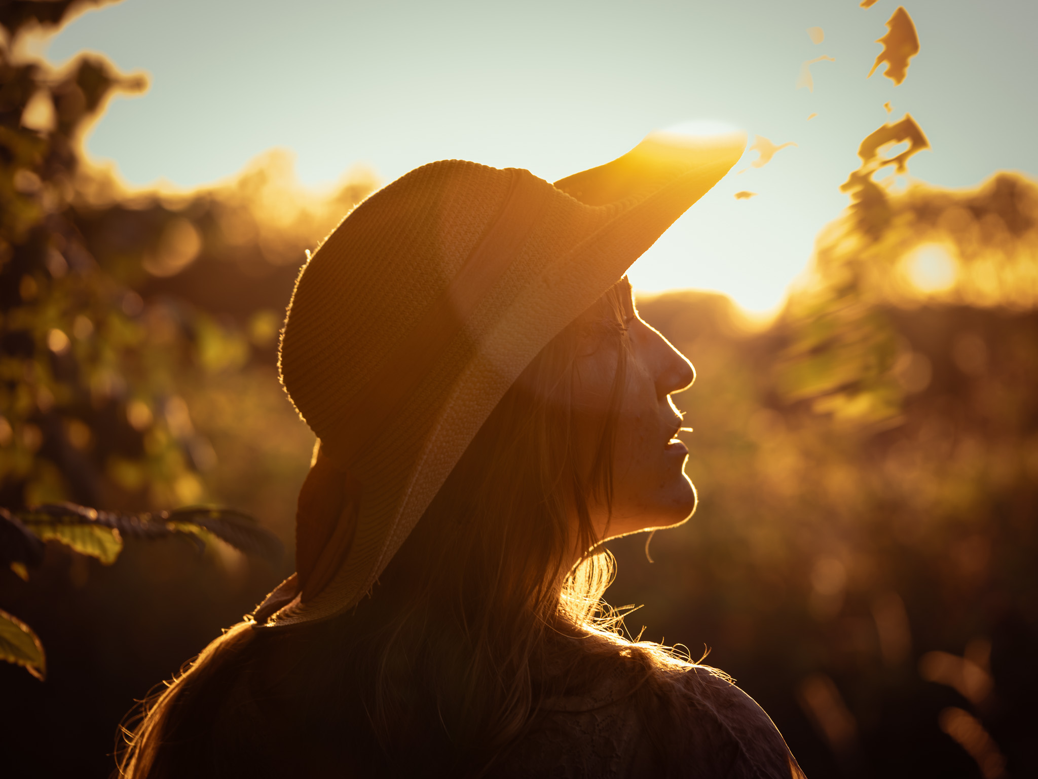 Silhouette profile of Andreea against intense golden sunlight and leaves